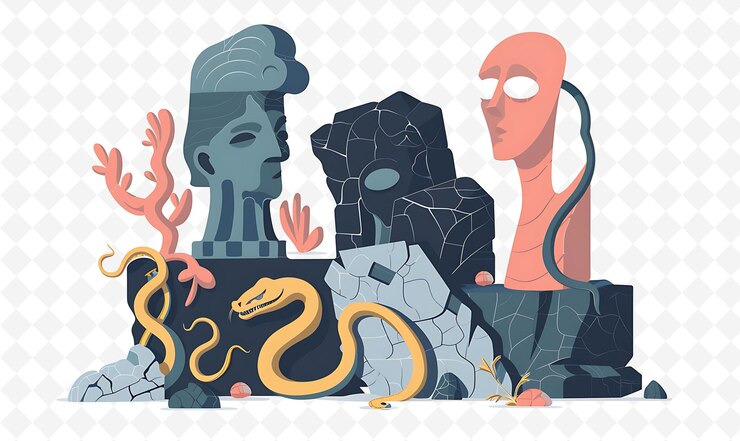 PSD gorgon characters turning victims to stone design is stony a flat illustration festival theme art