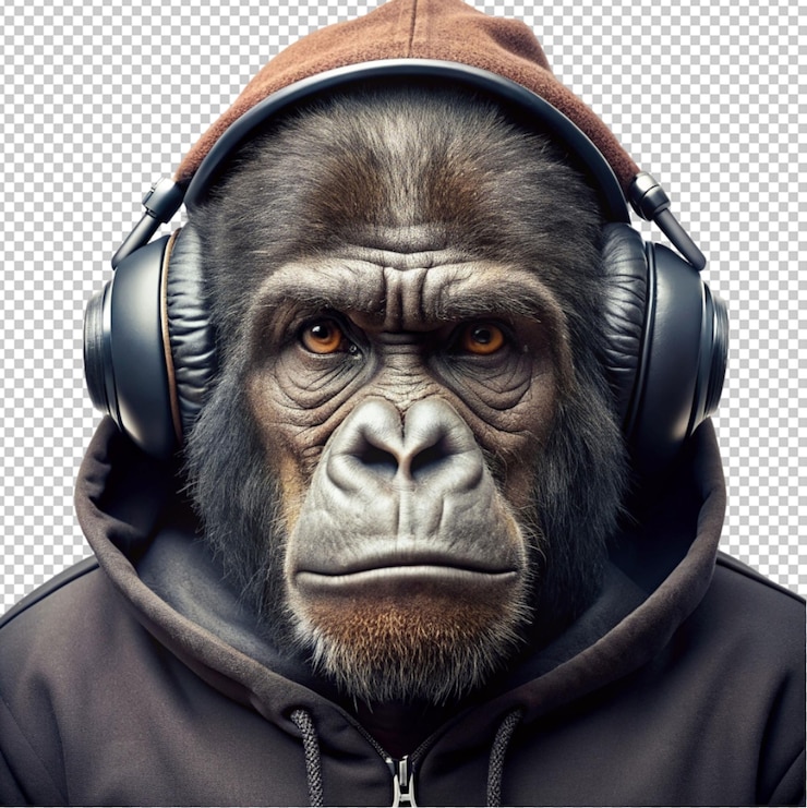 PSD gorila con una capucha con auriculares y piercings en un fondo transparente