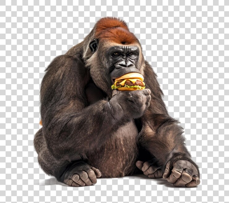 PSD el gorila juguetón disfruta de una hamburguesa mientras está sentado en el suelo