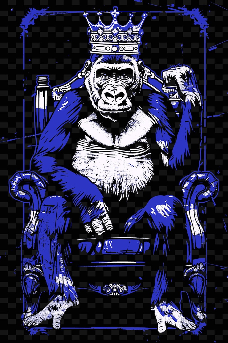 PSD gorila sentado en un trono con una corona diseño de cartel con diseño de fondo de cartel png psd
