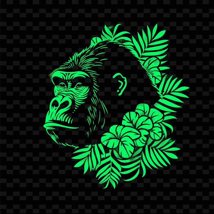 PSD un gorila verde con un fondo verde de hojas
