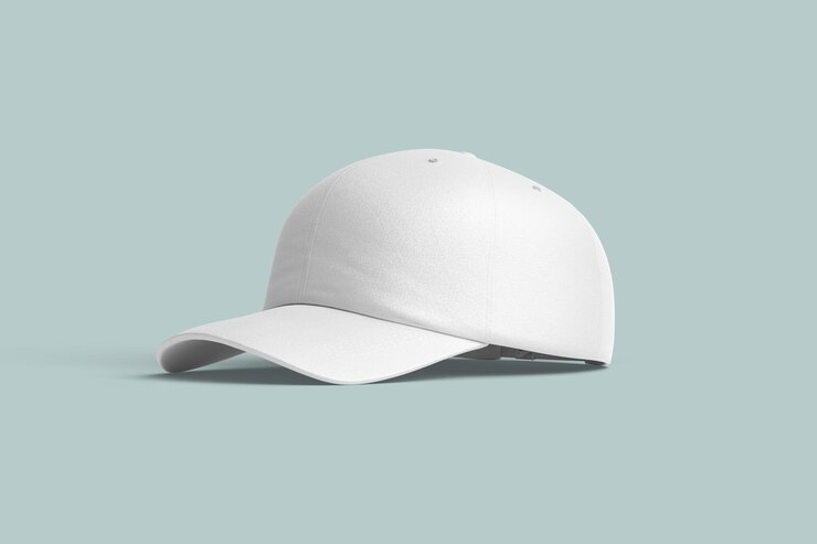 PSD una gorra de béisbol blanca prístina sobre un fondo azul suave