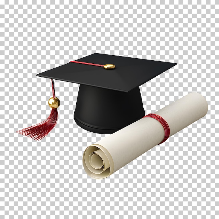 PSD gorra de graduación con certificado de diploma aislada sobre un fondo transparente