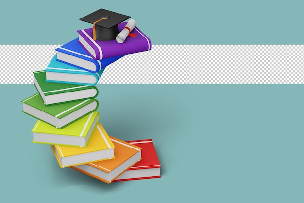 Gorra de graduación con Diploma y renderizado 3d de libros coloridos