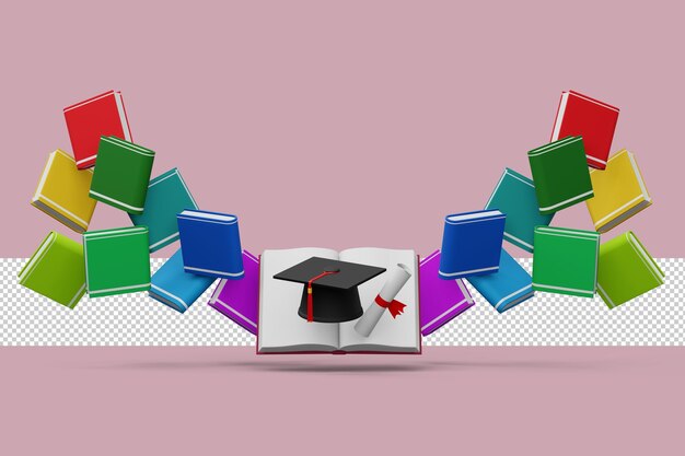 Gorra de graduación con Diploma y renderizado 3d de libros coloridos