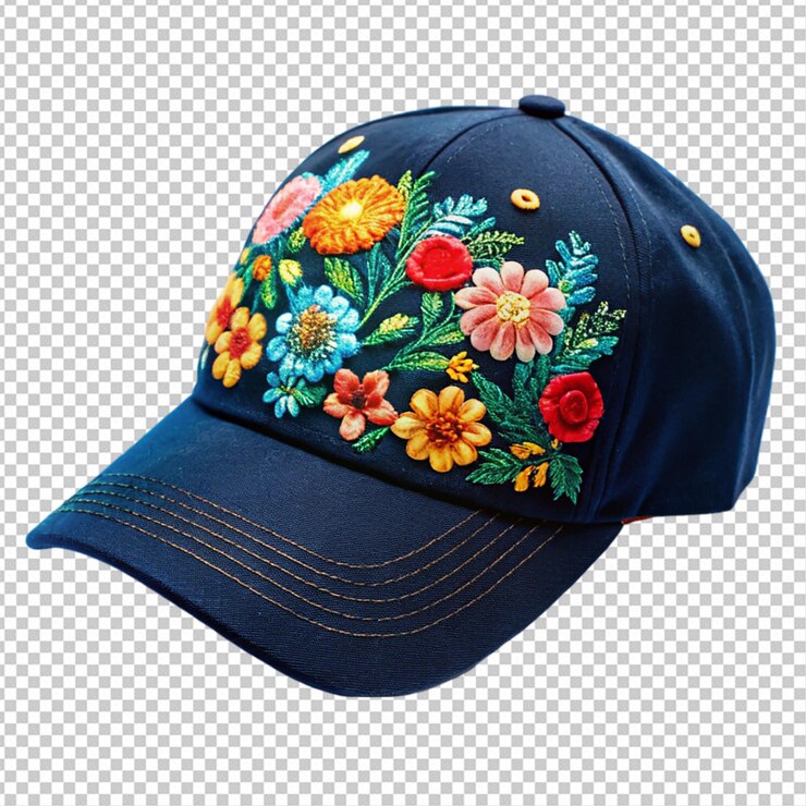 PSD gorra negra con png floral bordado