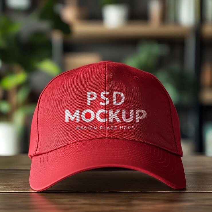 PSD gorra roja primer plano de la maqueta de gorra de béisbol roja vista delantera en la mesa