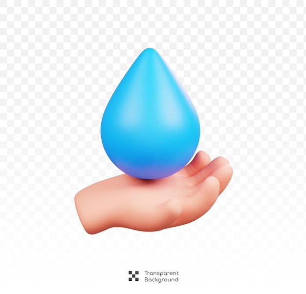 PSD gota de agua azul aislada en la mano concepto de icono del día mundial del agua 3d estilo de dibujos animados