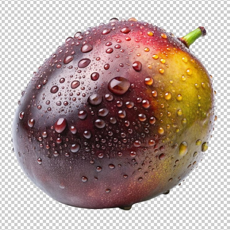 PSD las gotas de agua brillan en la fruta del mango negro.