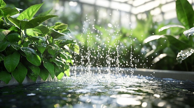 PSD gotas de agua salpicando en un tranquilo jardín interior con plantas verdes exuberantes