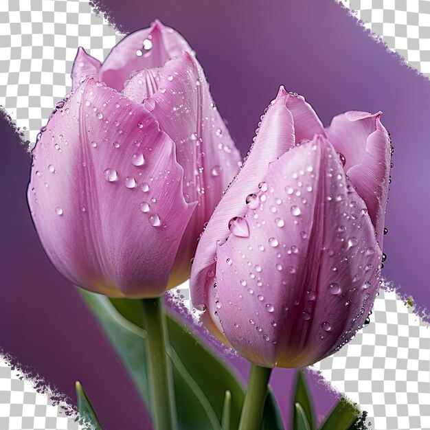 Gotas de água em fundo transparente adornam tulipas terry roxas