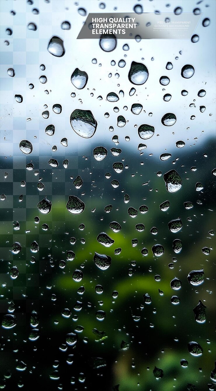 PSD gotas de chuva no vidro da janela com céu cinzento e árvores em fundo transparente