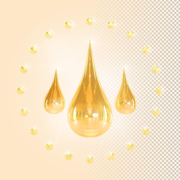 PSD gotas douradas de gotículas de soro de óleo ou mel em renderização 3d de fundo bege círculo de bolhas transparentes ou pérolas de ouro com gotas amarelas líquidas cosméticos mockup banner argan ou óleo de jojoba