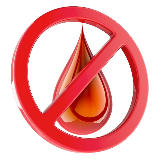 Gotas de sangre con símbolo prohibido renderizado en 3D aislado en un fondo transparente