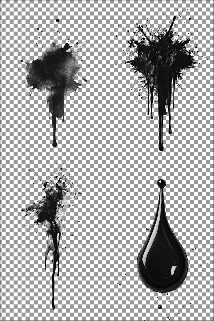 Gotas de tinta negra en papel blanco Ilustración de tinta en negrita y llamativa Hiperrealista Pla blanco aislado