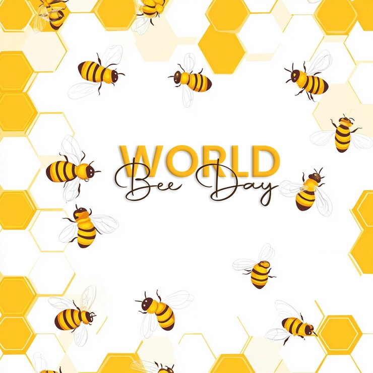 PSD el goteo de miel del panal con una abeja para el día mundial de las abejas un diseño vibrante y elegante