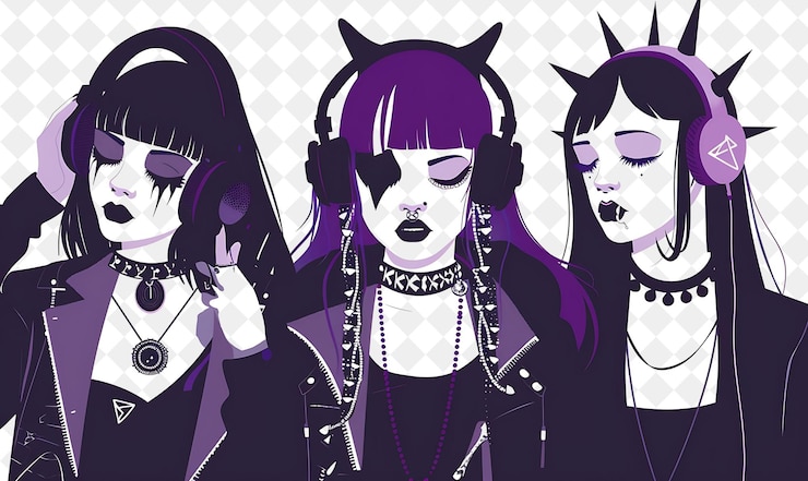 PSD gótico con personajes góticos escuchando música y expresándose en png gente en la ilustración del trabajo diario