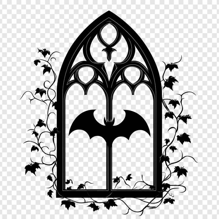 PSD gotisches fenster mit fledermaus-silhouette