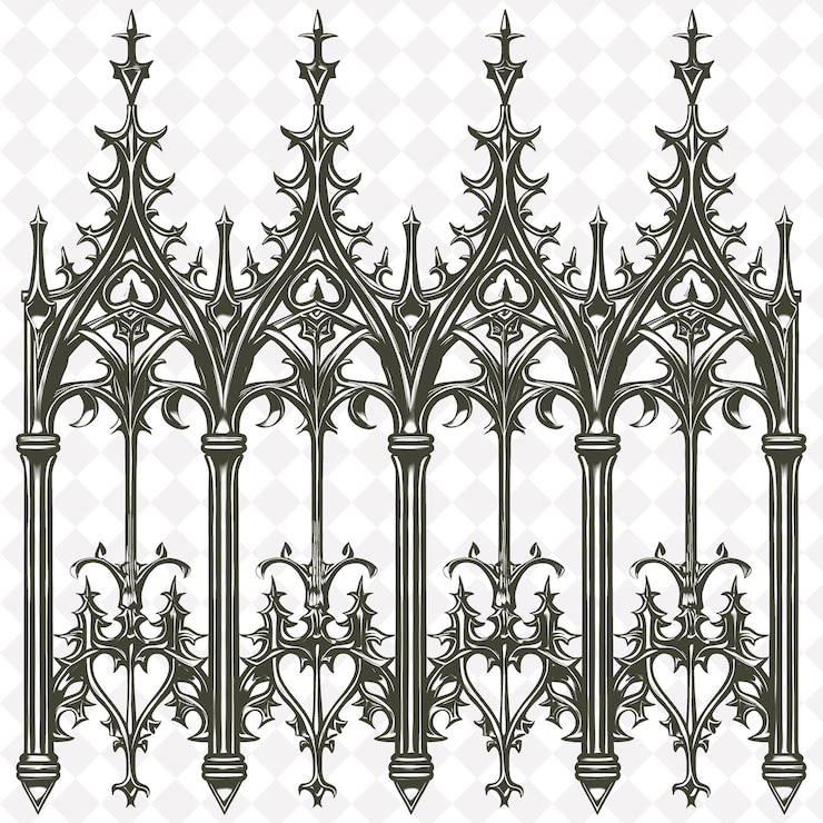 PSD gotisches trellis aus schwarzem eisen geschmiedet, geschmückt mit spitzen konturen und natürlichem dekorationsdesign