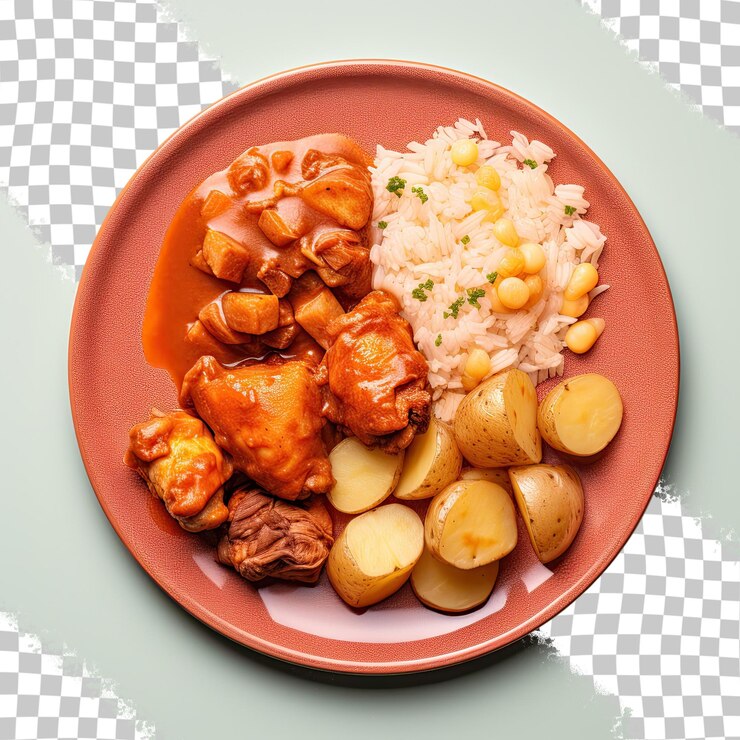 PSD goulash de frango em um prato visto de cima com fundo transparente