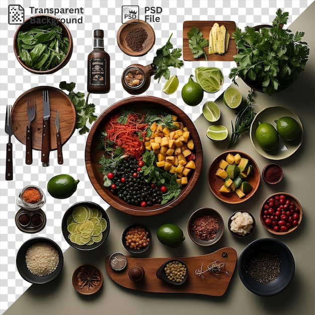 PSD gourmet-caribbean-küchensatz mit einer vielzahl von schüsseln und utensilien, darunter eine hölzerne und braune schüssel, eine schwarze, eine braune und hölzerene schüssel und eine grüne limette