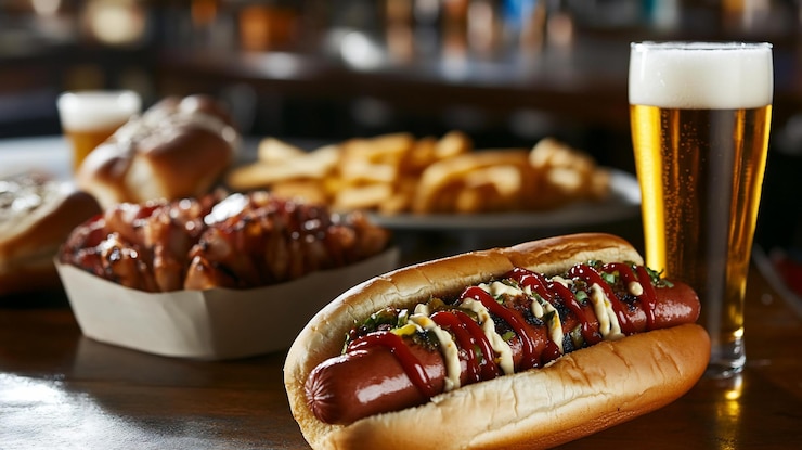 PSD gourmet-hotdog mit frites, bier und brötchen auf einem holztisch
