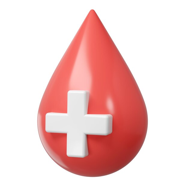 PSD goutte de sang rouge 3d avec symbole de croix médicale don d'aide et laboratoire de soins de santé