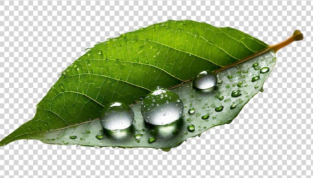 PSD des gouttes d'eau sur une feuille verte isolée sur un fond transparent