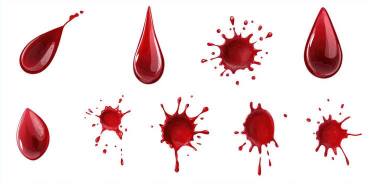 PSD des gouttes rouges éparpillées sur un fond gris huit gouttes de sang varient en taille et en orientation