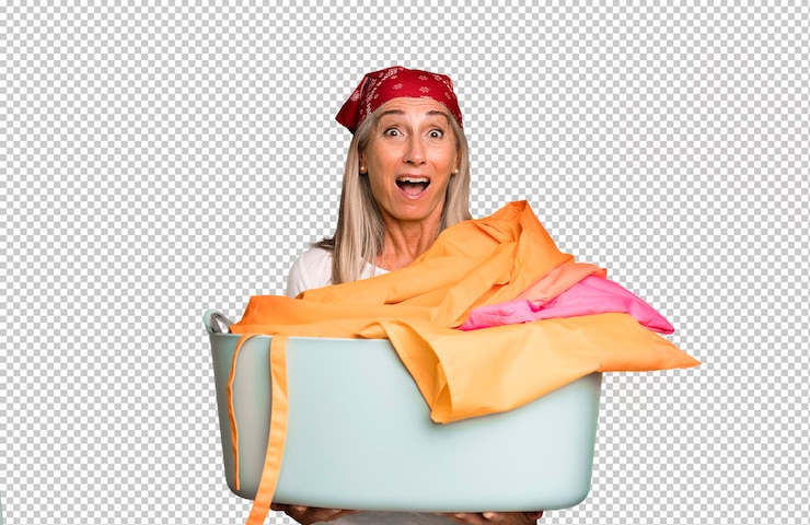 PSD governanta de mulher bonita sênior de cabelos grisalhos com roupa lavada