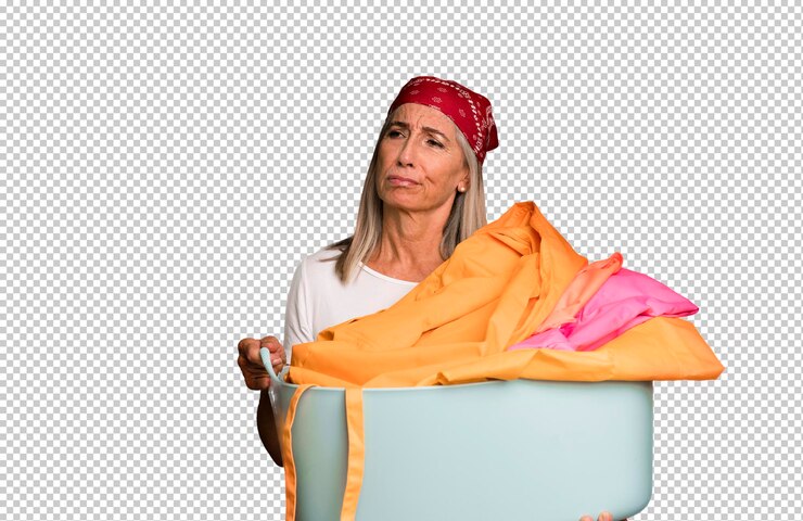 PSD governanta de mulher bonita sênior de cabelos grisalhos com roupa lavada