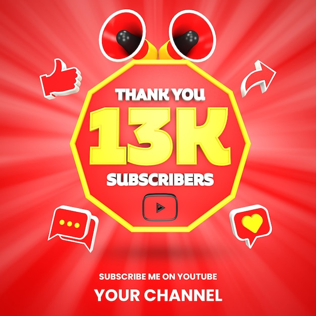 Gracias 13k suscriptores de youtube celebración 3d render aislado