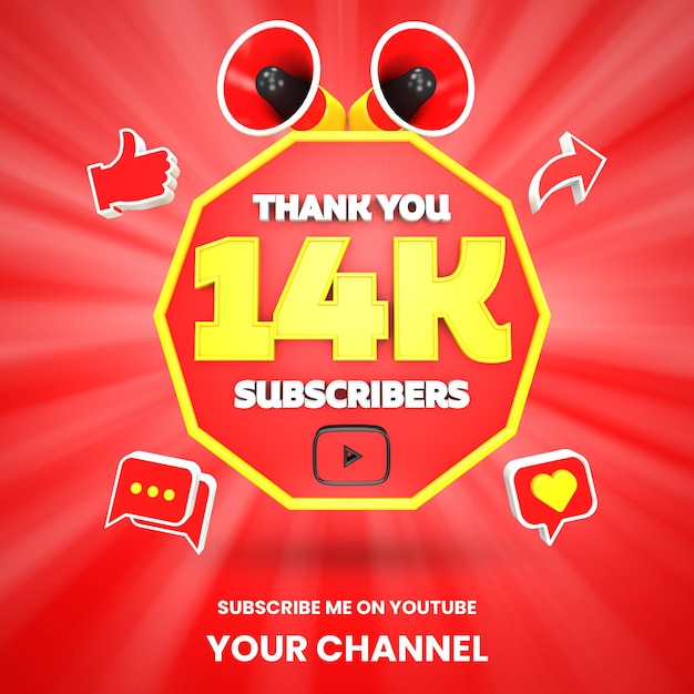 Gracias 14k suscriptores de youtube celebración 3d render aislado