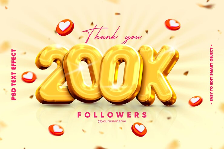 PSD gracias en 200k banner de redes sociales para amigos y seguidores con efecto de texto