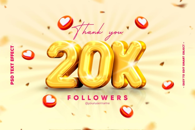 Gracias en 20k banner de redes sociales para amigos y seguidores con efecto de texto