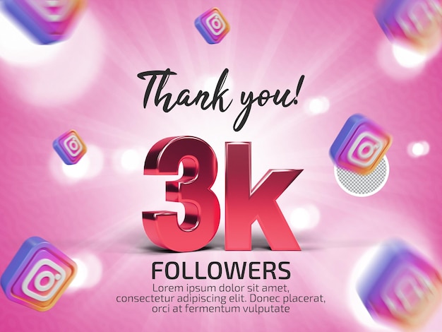 PSD gracias 3k seguidores en instagram psd texto renderizado en 3d con texto editable