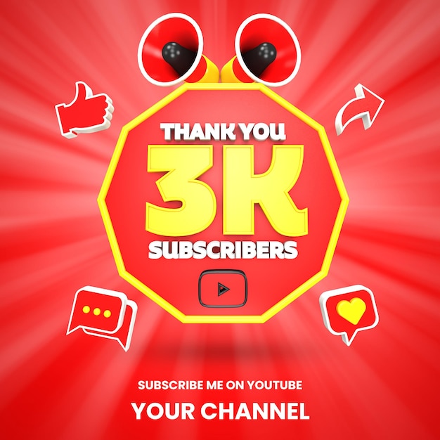 PSD gracias 3k suscriptores de youtube celebración 3d render aislado