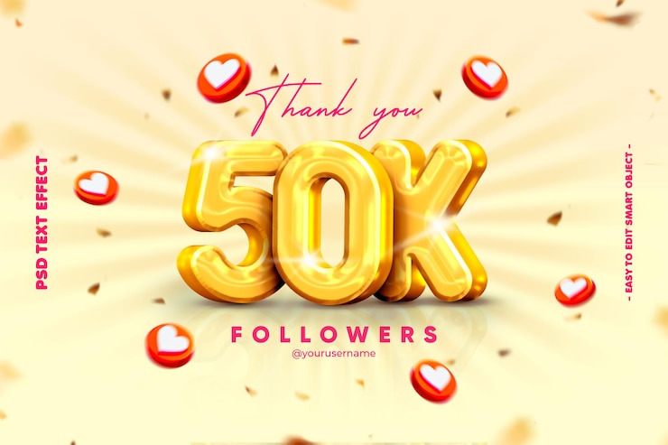PSD gracias en 50k banner de redes sociales para amigos y seguidores con efecto de texto