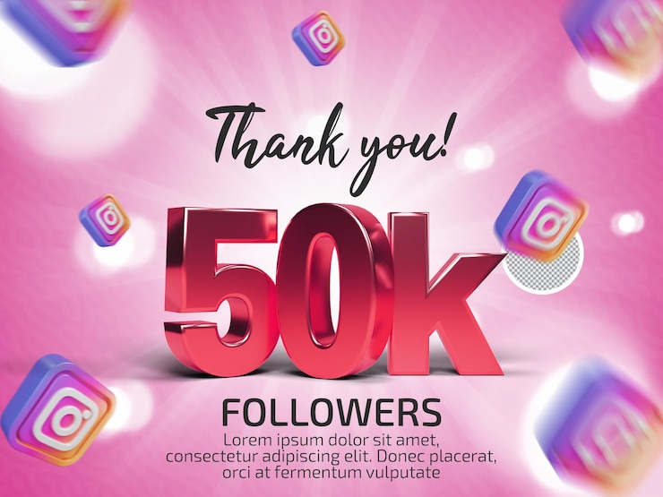 PSD gracias 50k seguidores en instagram psd texto renderizado en 3d con texto editable