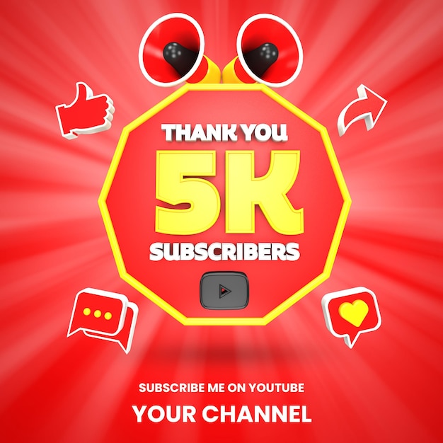 Gracias 5k suscriptores de youtube celebración 3d render aislado