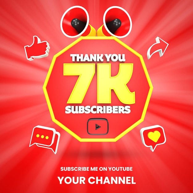 PSD gracias 7k suscriptores de youtube celebración 3d render aislado