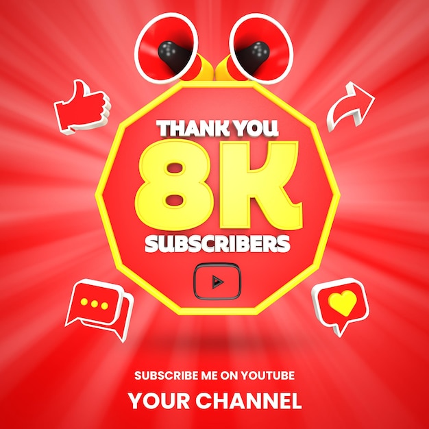 Gracias 8k suscriptores de youtube celebración 3d render aislado