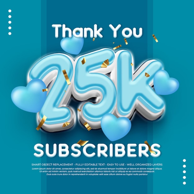 Gracias banner de celebración de 25k suscriptores con efecto de texto 3D editable