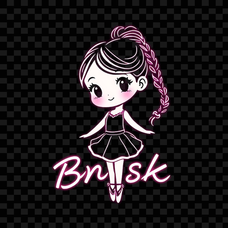 PSD graciosa garota chibi com trajes de ballet updo tricotados sapatos de ballet brilhantes neon cor rosa suave sc