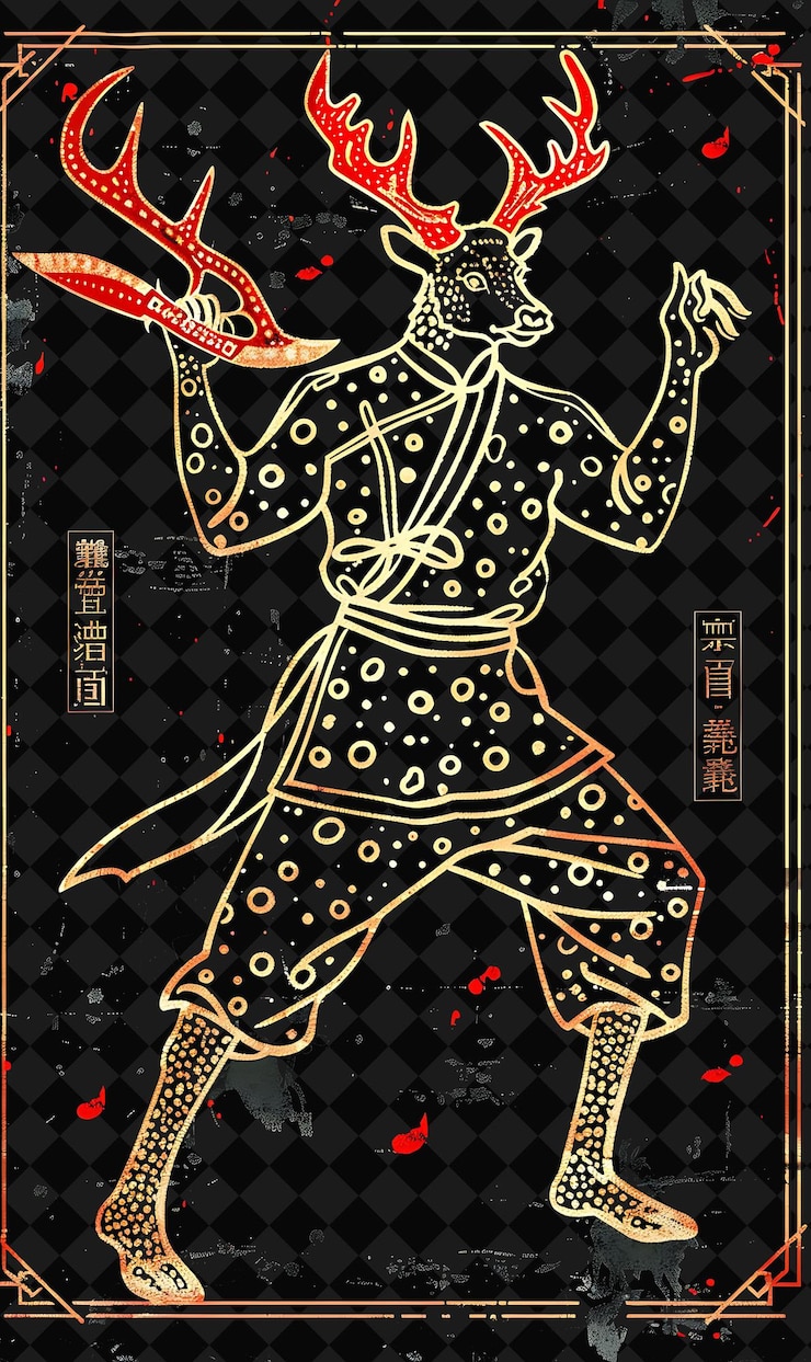 PSD gracioso retrato asiático de un ciervo sika wing chun sosteniendo un ciervo h ilustración un personaje animal guerrero