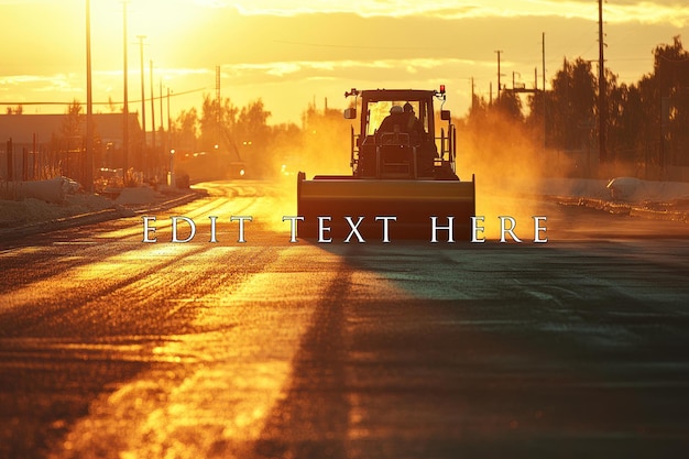 Grader de carreteras trabajando en una carretera de asfalto al atardecer