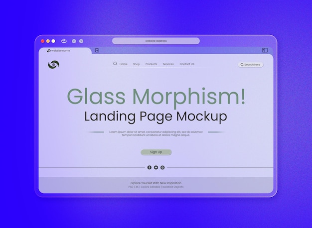 PSD gradient blue liquid landing page-vorlage 3d-schnittstelle psd-mockup auf frosted glass morphism-effekten