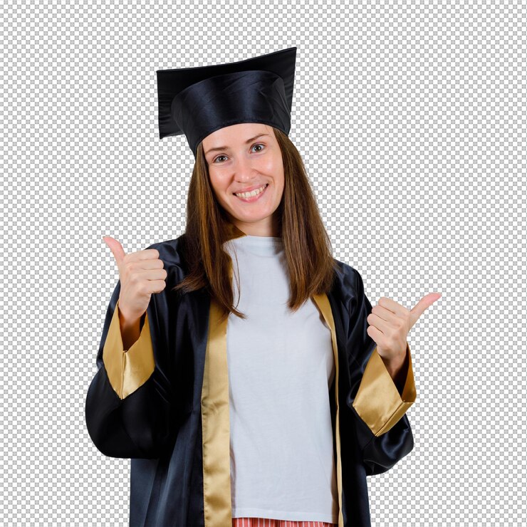 PSD graduada femenina mostrando los pulgares dobles en ropa casual y mirando feliz vista delantera