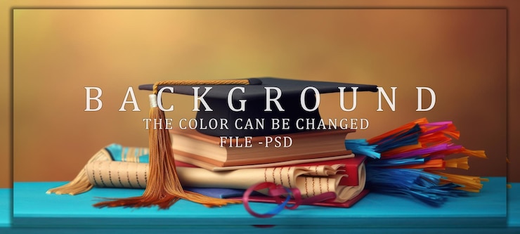PSD graduation cap en lo alto de una pila de libros y coloridos streamers