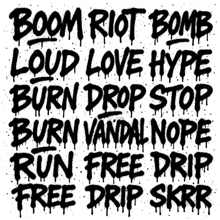 PSD graffiti words boom riot bomb and more